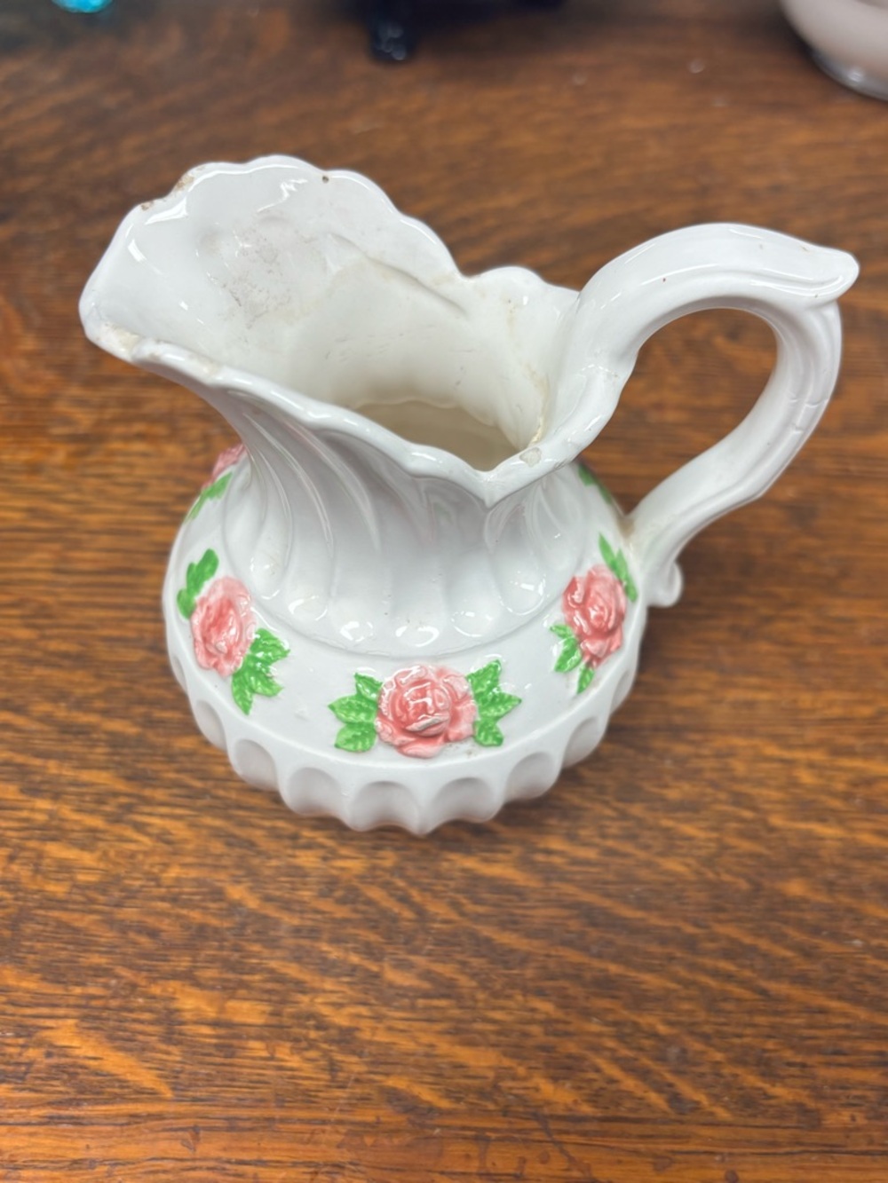 Vintage White Ceramic Pitcher with Pink Rose Relief